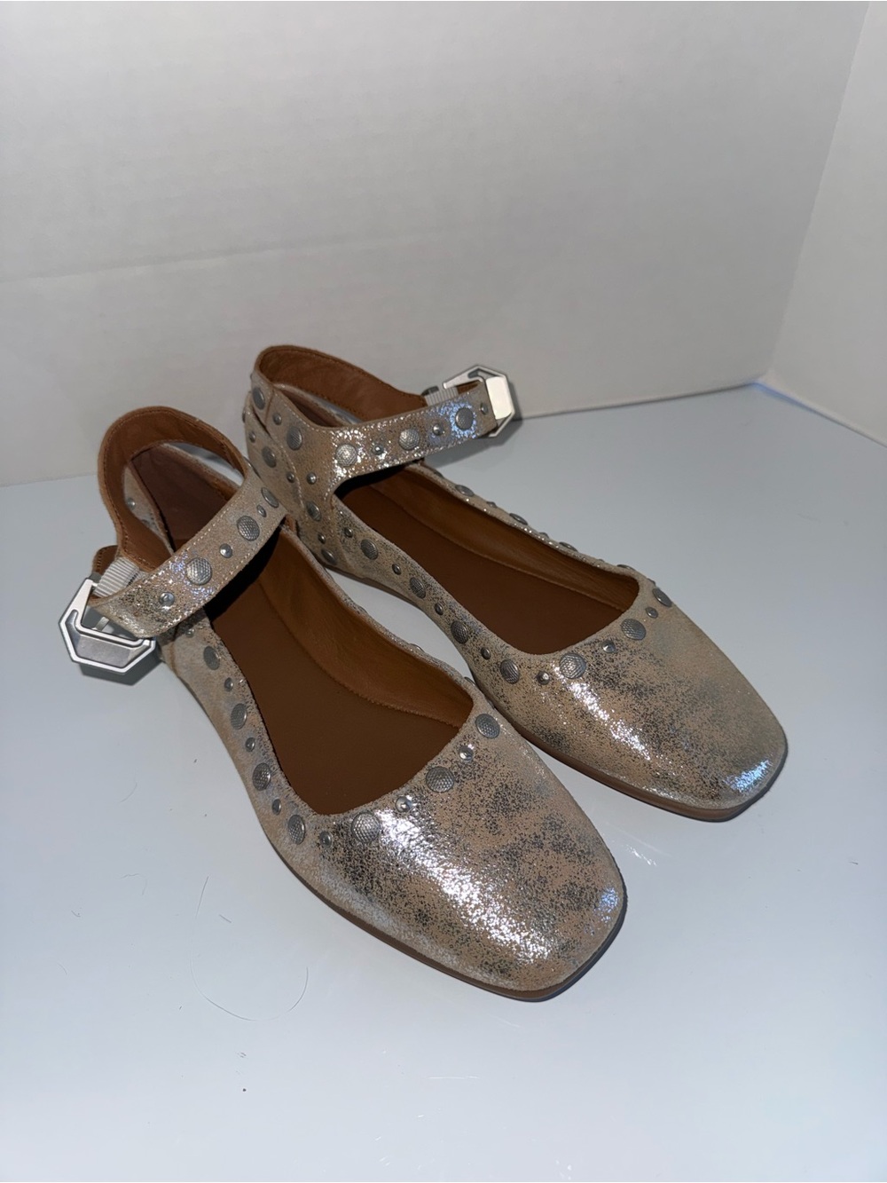 NWT FREE PEOPLE metallic stuffed square toe twee ankle strap ballet flats 8